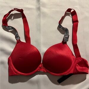 Victoria Secret red satin pushup bra with rhinestone straps